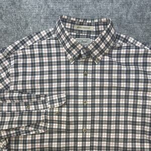 LL Bean Shirt Men Medium Tall Blue Plaid Office Preppy Holiday Brushed Cotton